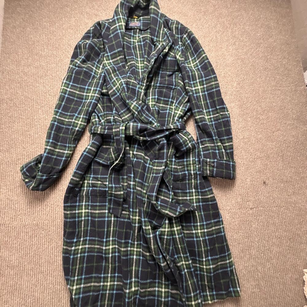 Vintage Pendleton Pure Wool Robe Mens XL Blue Green Tartan Plaid Belted Bathrobe